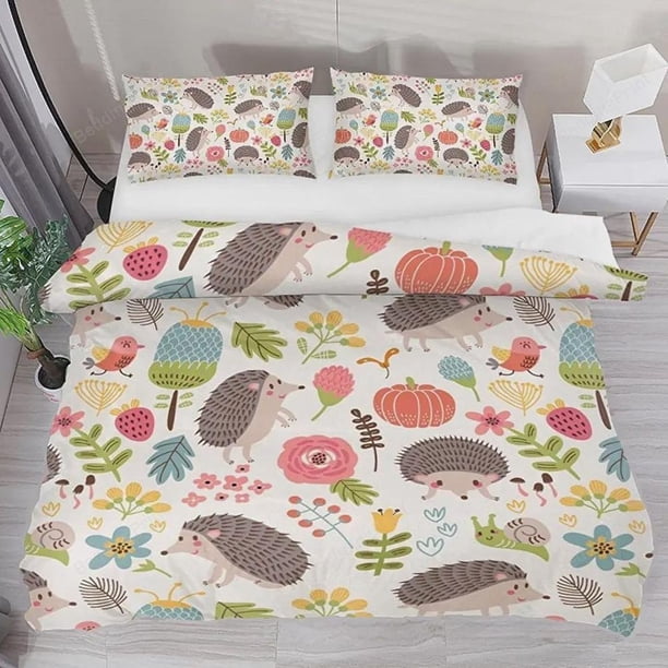 Hedgehog With Floral Pattern Quilt Duvet Cover Set Pillowcase Queen Bedspread3-Piece Bedding Set