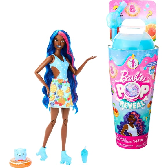 Muñeca Barbie Pop Reveal con aroma a ponche de frutas con pelo azul, 8 sorpresas