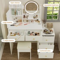 M&Ms - Fashion Vanity Desk With Mirror And Lights For Makeup And Cushioned Chair, Vanity Mirror With Lights And Table Set With 3 Color Lighting Brightness Adjustable,Dressing Table, White Color