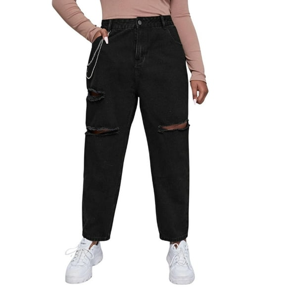 Jeans Mom Rotos con Cadena Plus Size negro 2XL