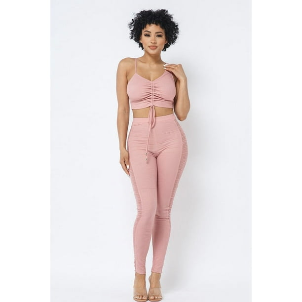 Top Corto Fruncido Ajustable con Tiras de Malla y Leggings con Paneles Laterales Transparentes