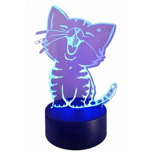 Lelumania - Lampara Ilusion 3D Gatito De 7 Colores, Base Touch