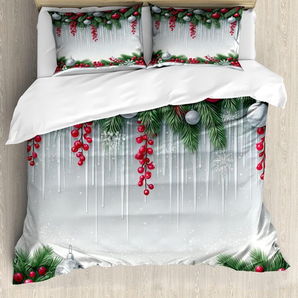 Lunarable Snowflake Duvet Cover Set Winter Theme Christmas Illustration Cold Weather Season Inspired Celebration Decorative