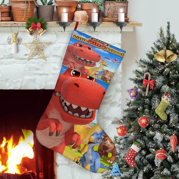 Pequeña Escuela de Dinosaurios Tema: Calcetines de Navidad, fino lino blanco para colgar en escaleras y chimenea, decoración navideña para el hogar, regalo de Navidad.54cm×38cm