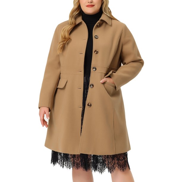 Abrigo de talla grande para mujer Agnes Orinda, sólido, de un solo pecho, largo, para otoño e invierno, con bolsillos, 1X Camel