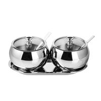 Xusx111 - 2 Tazones De Azúcar De Acero Inoxidable Con Cuchara De Tapa Y Bandeja, Macetas De Condimento Brillantes Pulidas Para Servir Especias De Azúcar Pimienta Sal- 330Ml / 11,6 Oz