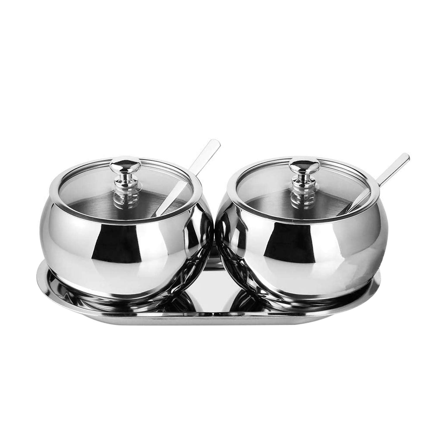 Xusx111 - 2 Tazones De Azúcar De Acero Inoxidable Con Cuchara De Tapa Y Bandeja, Macetas De Condimento Brillantes Pulidas Para Servir Especias De Azúcar Pimienta Sal- 330ml / 11,6 Oz