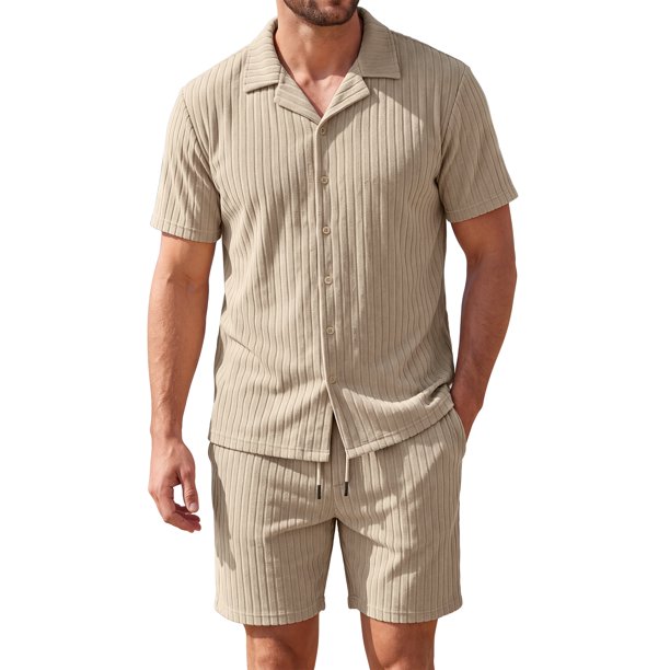 INSPIRE CHIC Conjunto de Camisa y Pantalones Cortos Texturizados para Hombre Verano Playa 2 Piezas Talla XL Caqui