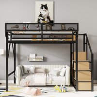 M&Ms - Queen Size Loft Bed With Stairs, Metal Queen Loft Bed With Storage Shelves, High Loft Bed With Wardrobe For Kids Teens Adults, Black(Old Sku W2580S00026 ) Patent Products
