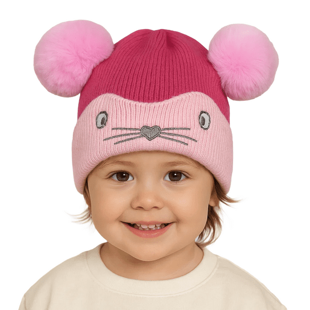 Gorro Invierno Infantil De Lana Diseño Raton Con Pompon