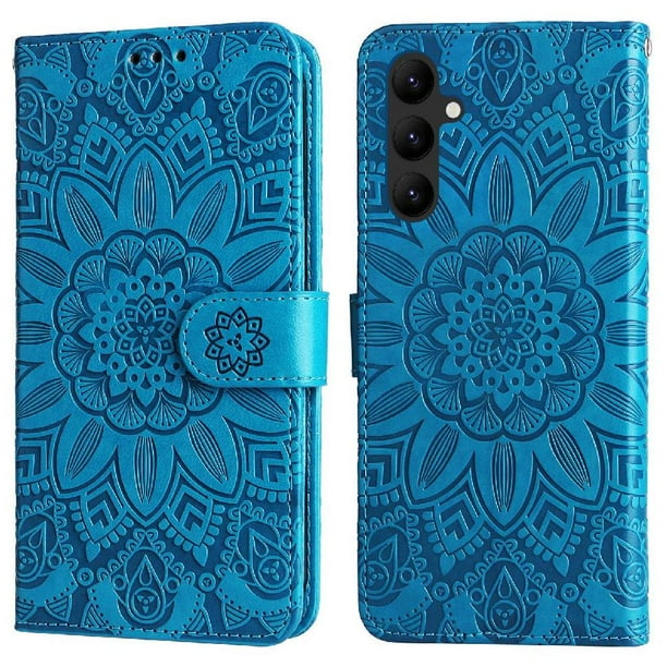 Funda tipo cartera FOXDOCK para Samsung Galaxy A24 4G , diseño girasol en relieve, cuero PU, cierre magnético, soporte y tarjetero