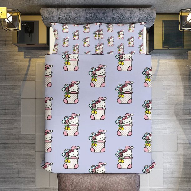 Hello Kitty Christmas Stockings 3 Pieces Duvet Cover Set Full Size Super Soft Fade Resistant Microfiber
