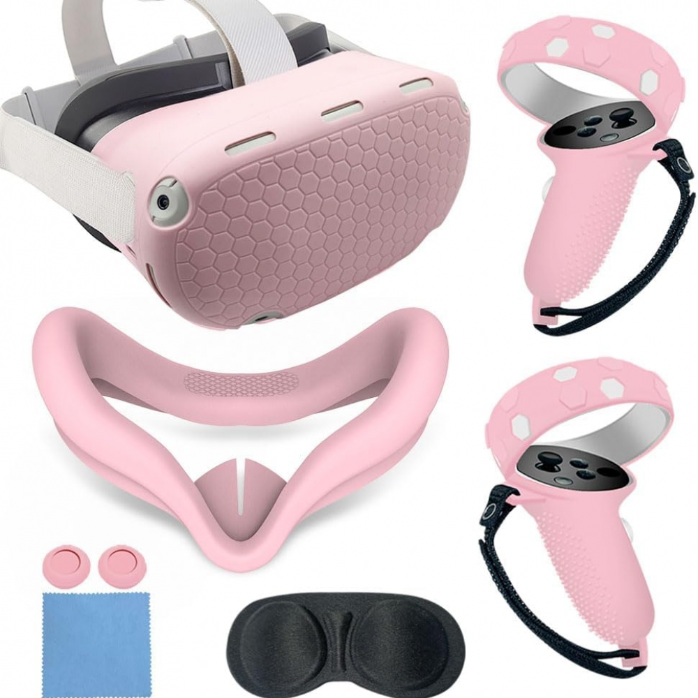 Genérico - Juego De Accesorios De Vr Para Quest 2: Carcasa De Silicona, Empuñaduras Para El Mando, Protector Facial, Tapones Para Los Botones, Juego De Paños Para Las Gafas Y Protector De Lentes-Rosa