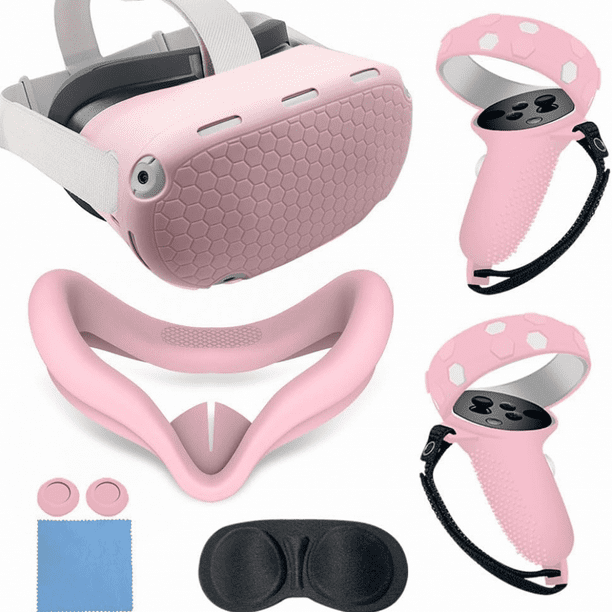 Juego de accesorios de VR para Quest 2: carcasa de silicona, empuñaduras para el mando, protector facial, tapones para los botones, juego de paños para las gafas y protector de lentes-Rosa