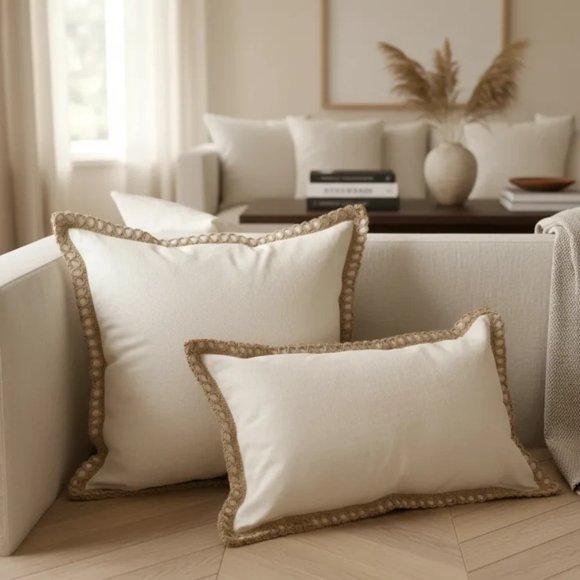 Set De 2 Cojines Decorativos Lino Marfil Con Borde Beige Lino