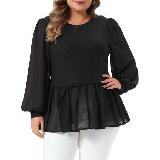 Agnes Orinda Conjuntos de Halloween Blusas Peplum de Talla Grande para Mujer Cuello Redondo de Punto Acanalado Manga Larga de Globo con Volantes Blusa Casual Elegante 2X Negro