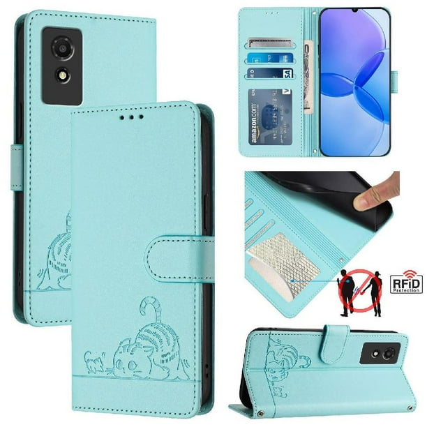 Funda tipo cartera FOXDOCK para TCL 501 con soporte, ranuras, RFID, diseño de gato