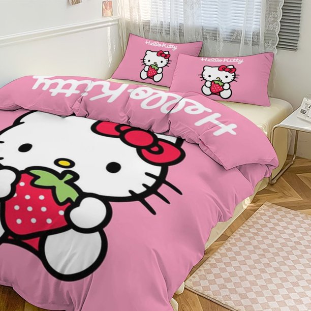 Hello Kitty Strawberry Comforter Set with Sheets - 3 Piece Bedding Includes Pillow Covers - Super Soft Bedding Room Decor Twin
