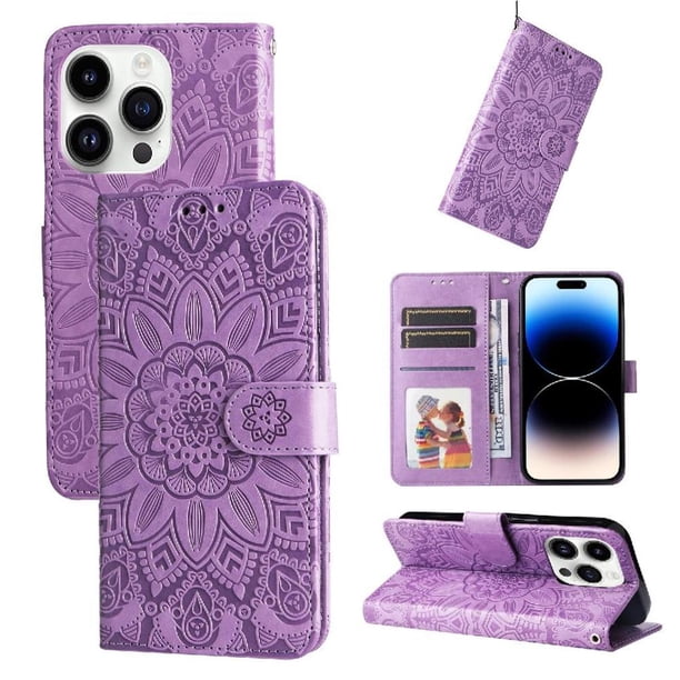 Funda tipo cartera FOXDOCK para iPhone 15 Pro Max , diseño girasol en relieve, cuero PU, cierre magnético, soporte y tarjetero