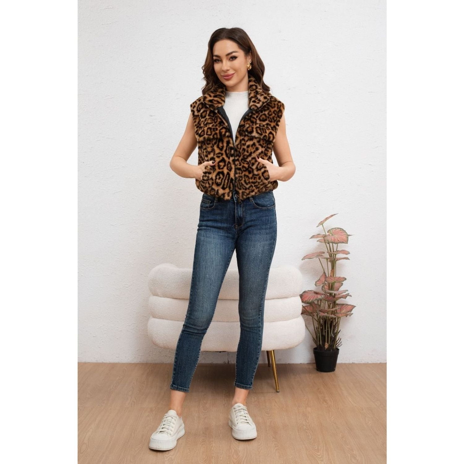 Likeshop - Chaqueta Corta Mujer Sin Mangas Peluda Animal Print 6097