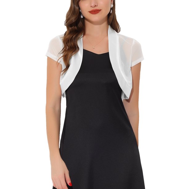 INSPIRE CHIC Bolero Cárdigan Corto Abierto de Malla con Ribete de Satén para Mujer, Manga Corta, Talla M, Blanco