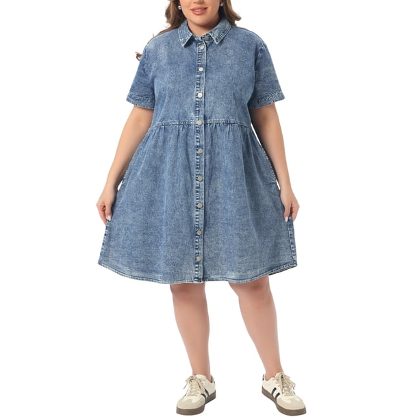 Agnes Orinda Ropa de Halloween para Mujer Tallas Grandes Vestidos de Mezclilla Babydoll de Escuela Colegio con Botones Abajo Cuello de Solapa Mangas Cortas Vestidos Camisa de Jean Casual con Bolsillos