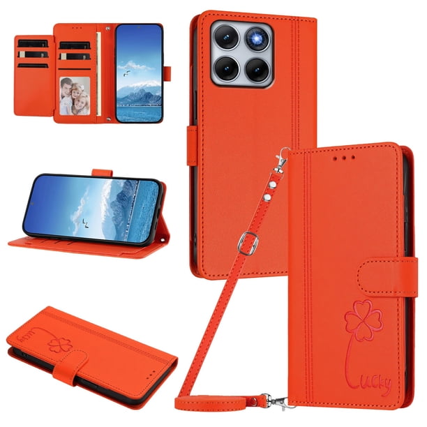 Funda Cartera Trébol para Motorola Edge 70 Fusion con Ranuras Tarjetas y Carga Inalámbrica Naranja