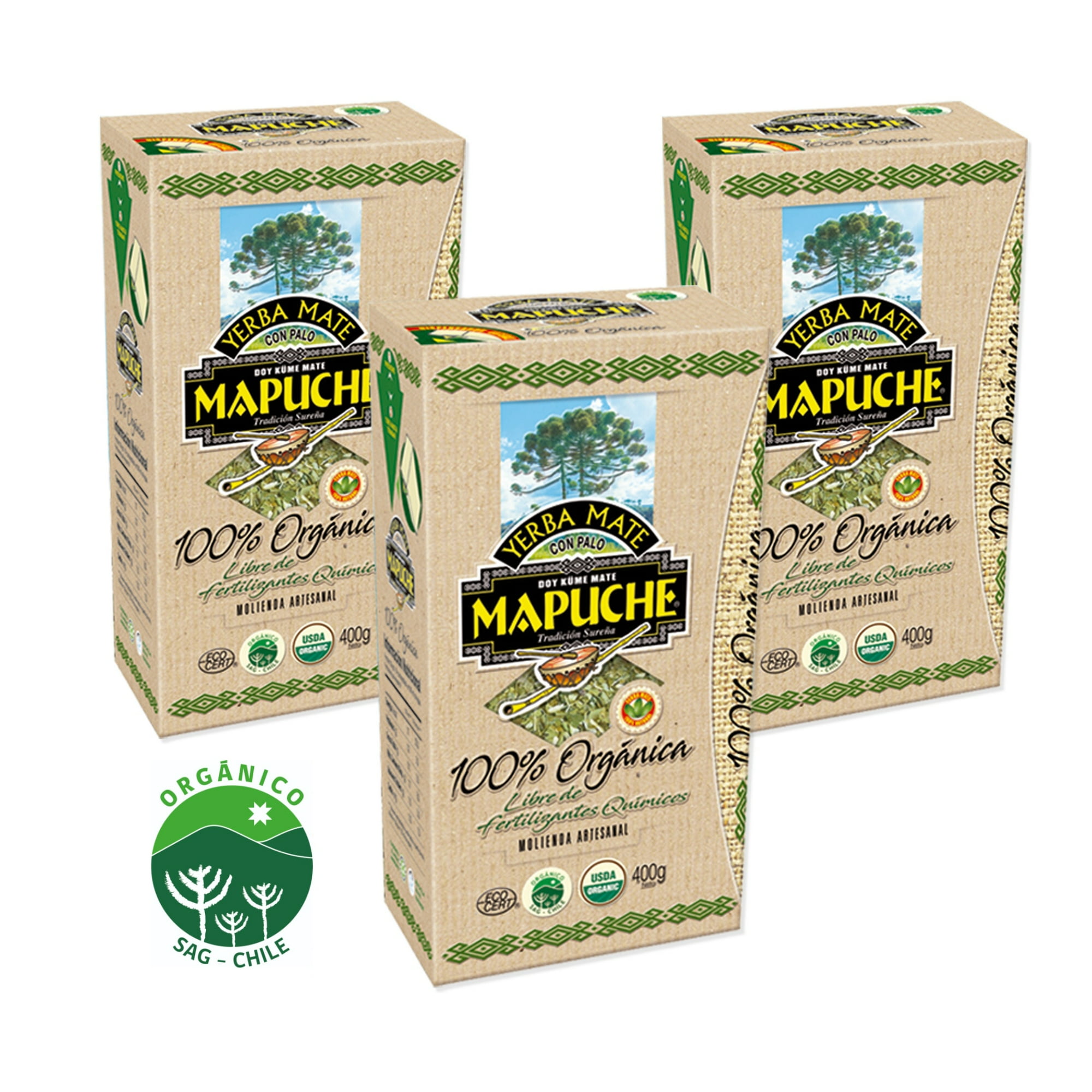 Pack X 3 Yerba Mate Mapuche 100% Orgánica Con Palo