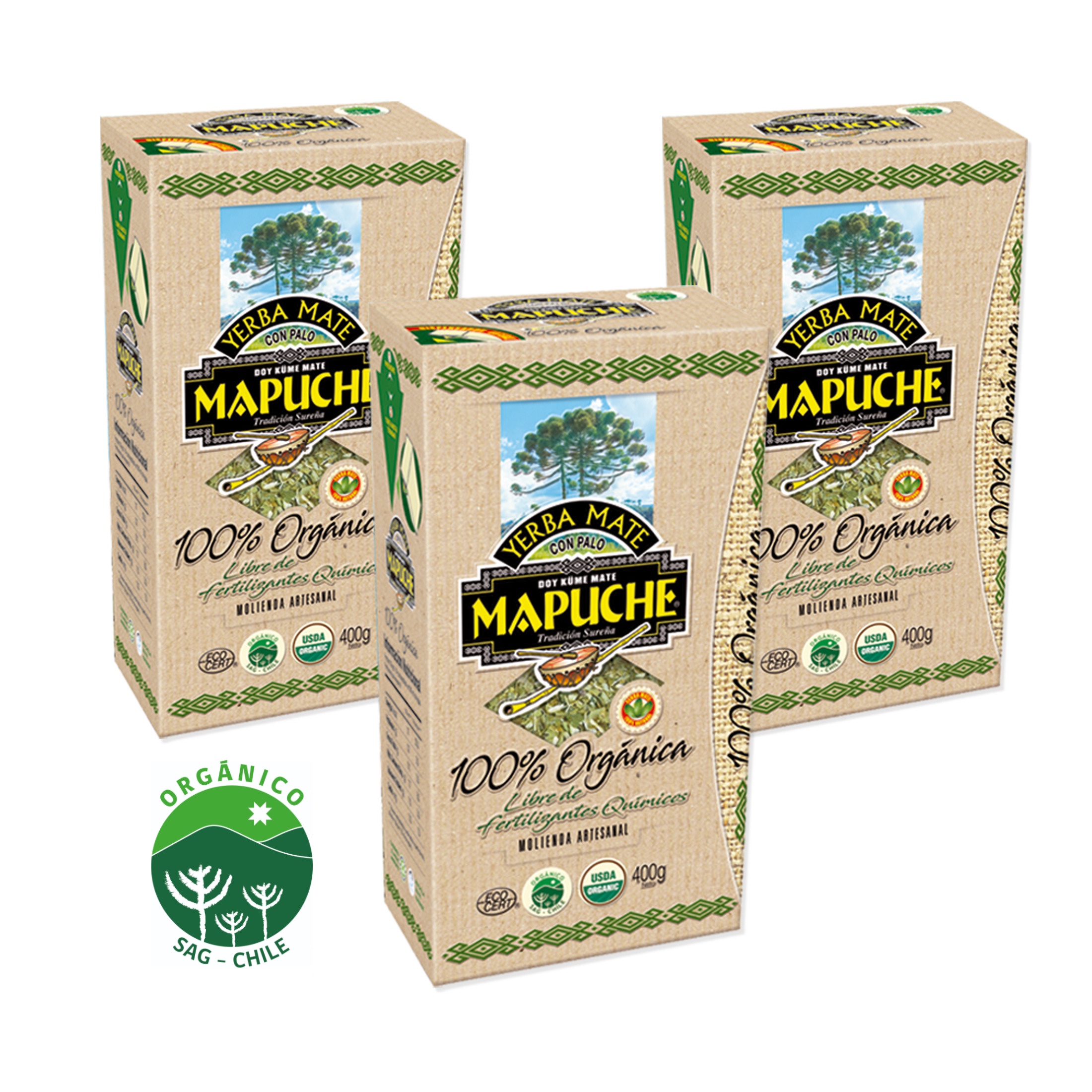 Pack X 3 Yerba Mate Mapuche 100% Orgánica Con Palo