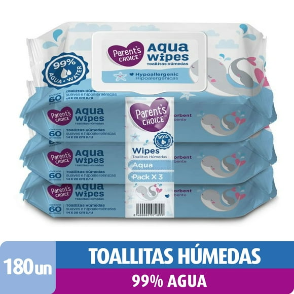 Toallitas Húmedas Parent's Choice 99% Agua, Pack, 180 Un