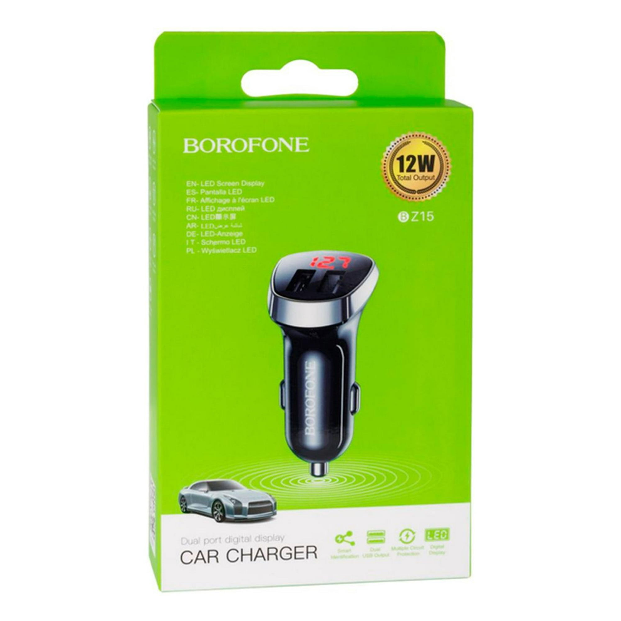 Dm - Adaptador Auto 12w 2.4a Con Pantalla Bz15 Negro