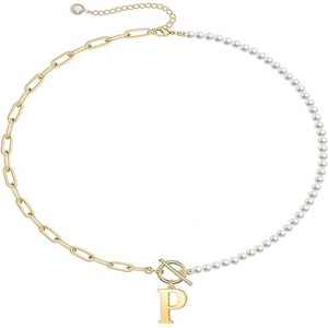 Collar Heshpaws Gold Initial Pearl 14K Gold Plated Paperclip Link Chain A-Z