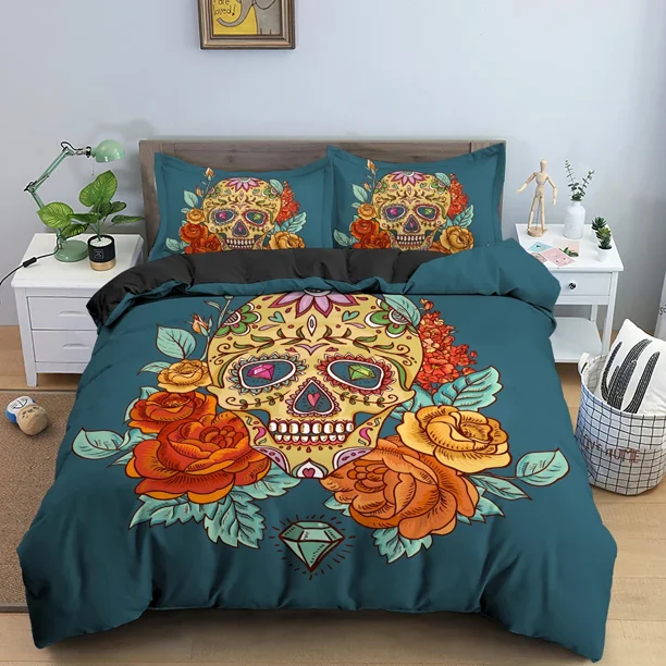 x1344 Bed Sheets Skull Flowers Bedding Set Boys Girls Twin Size Duvet Cover Pillowcase Bed Kids Adult Fashion Home Textileextile 3-Piece Bedding Set (1 Duvet Cover + 2 Pillow Shams) nj1344