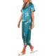 thumbnail image 4 of INSPIRE CHIC Pijama de Satén para Mujer Regreso a Clases Manga Corta Camisa Abotonada y Pantalones Capri con Cintura Elástica Ropa de Dormir M Verde Azulado con Flor de Albaricoque Naranja, 4 of 6
