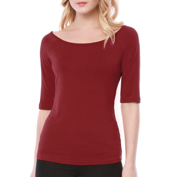 INSPIRE CHIC Camisetas de Mujer para Regreso a Clases con Cuello de Barco, Mangas Medias, Ajustadas, para Capas, Suaves, Talla S, Rojo
