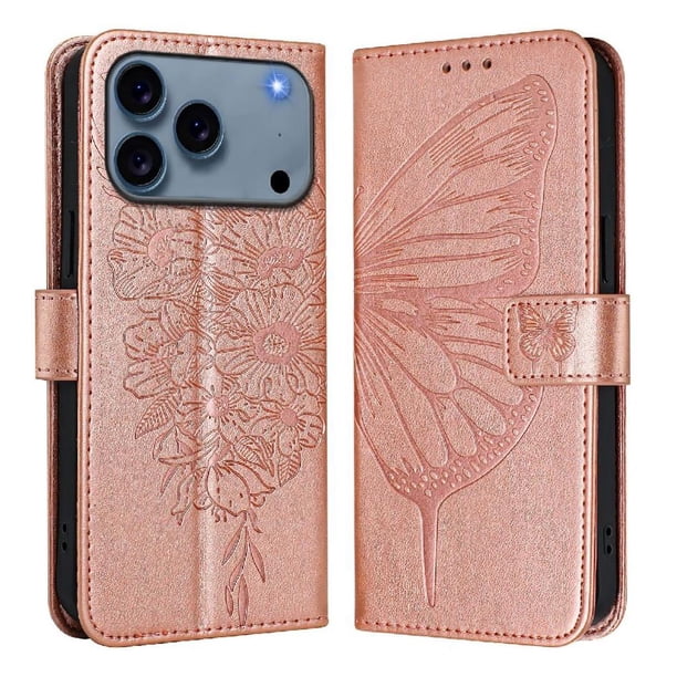 Funda Cartera Mariposa Para Iphone 17 Pro Max Con Soporte Y Ranuras Para Tarjetas Oro Rosa