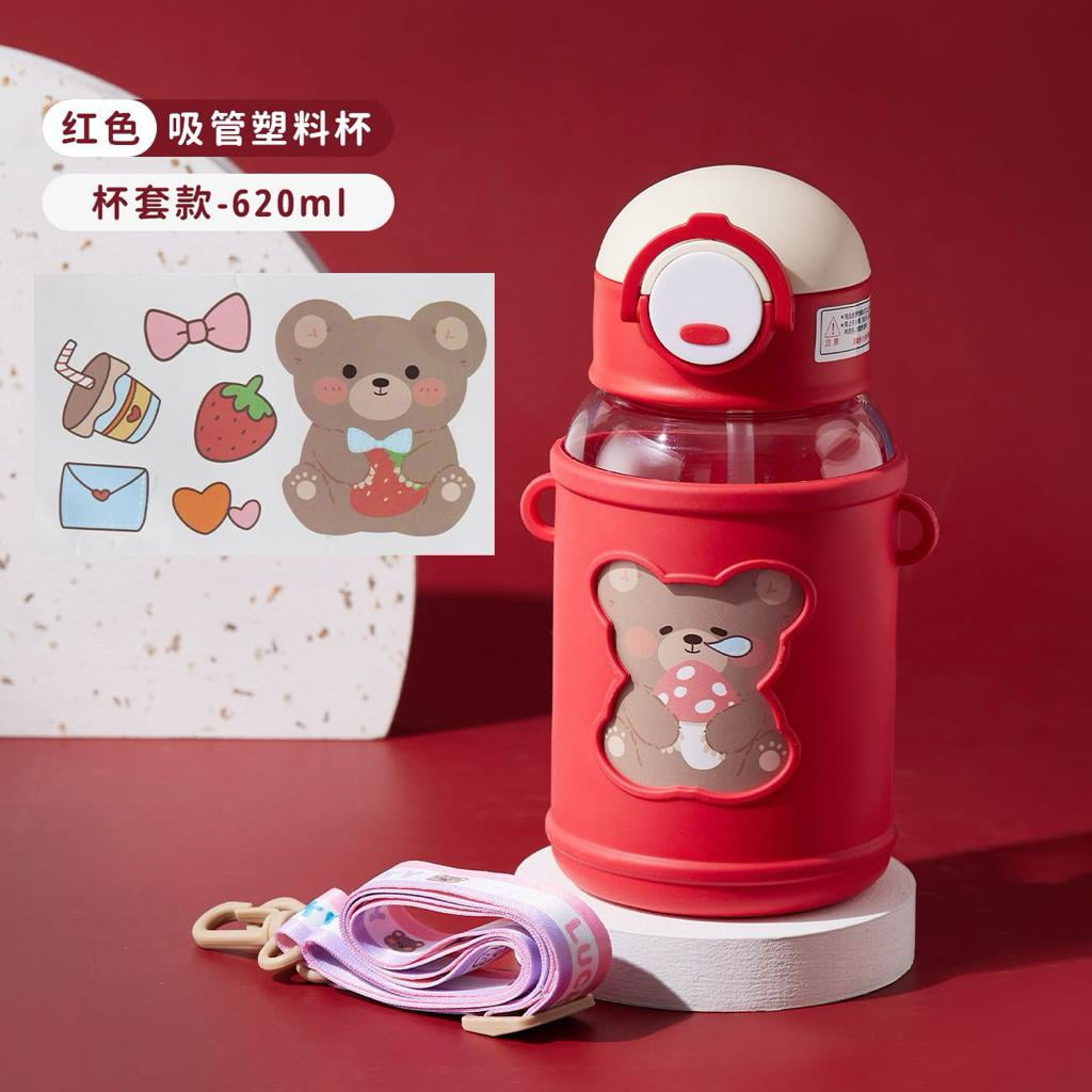 Botella De Agua Osito Kawaii Rojo Portatil Para Niños Y Niñas Lider