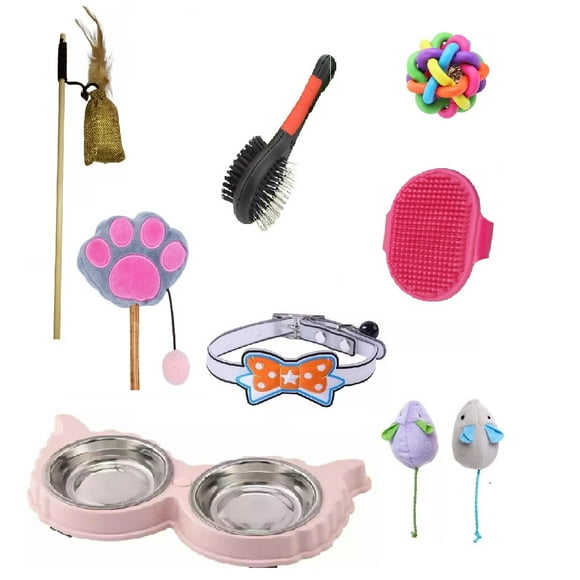 Kit De 8 Productos Para Gatos, Aseo, Juguetes Y Un Plato. Color Rosado