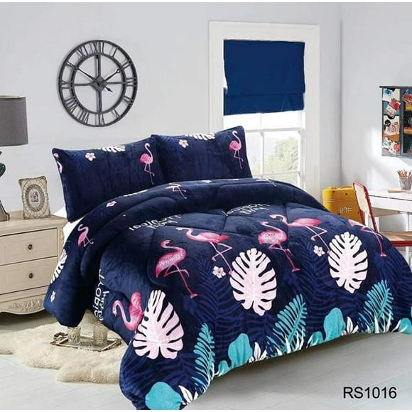 Cobertor de Invierno de Plush y Chiporro 2 Plazas Azul Marino Flamingos