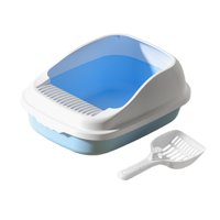 Magideal - Bandeja De Arena Para Gatos, Caja De Arena Con Pala, 12 L, Gran Capacidad, Montaje Cómodo, Altura 9 Cm, Valla Elevada, Extraíble, Antisalpicaduras, Pa Azul