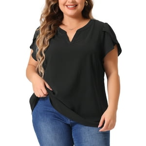 Blusas De Talla Grande Grace & Grandeur Para Mujeres, Camisetas De Cuello En V Con Mangas Cortas En Forma De Pétalo, Tops Casuales Y Elegantes 4X En Negro