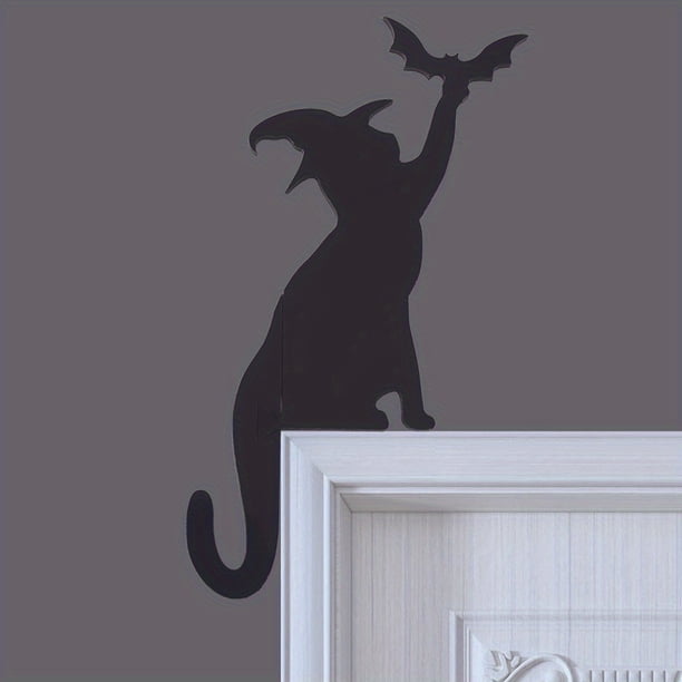 1pc Spooky Halloween Door Corner Decoration with Black Cat, Bat, and Witch Hat - Perfect for Home and Office Decor