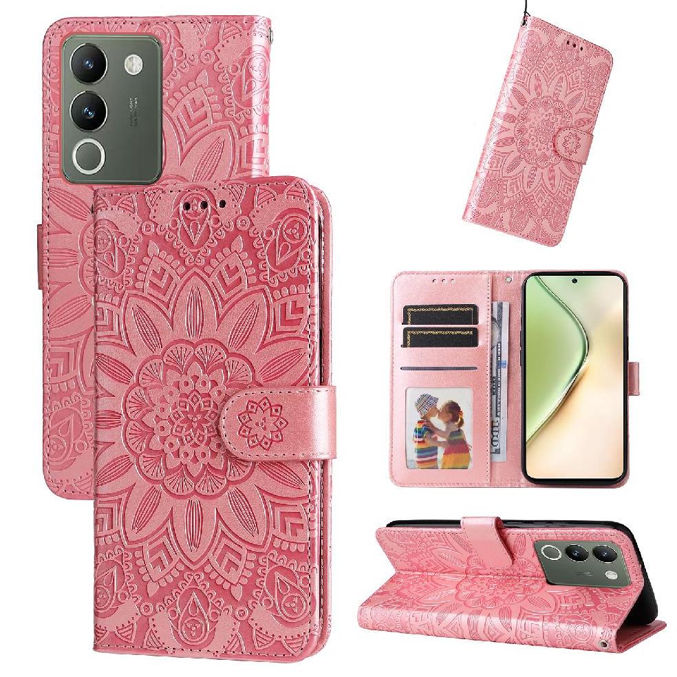 Funda Tipo Cartera Foxdock Para Vivo V29E , Diseño Girasol En Relieve, Cuero Pu, Cierre Magnético, Soporte Y Tarjetero