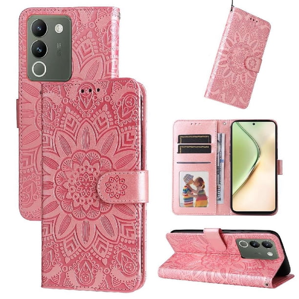 Funda tipo cartera FOXDOCK para Vivo V29E , diseño girasol en relieve, cuero PU, cierre magnético, soporte y tarjetero
