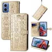 Funda Cartera Foxdock Para Motorola Moto G34 , Flip Pu Con Relieve De Gatos Y Perros, Tarjetero Y Soporte