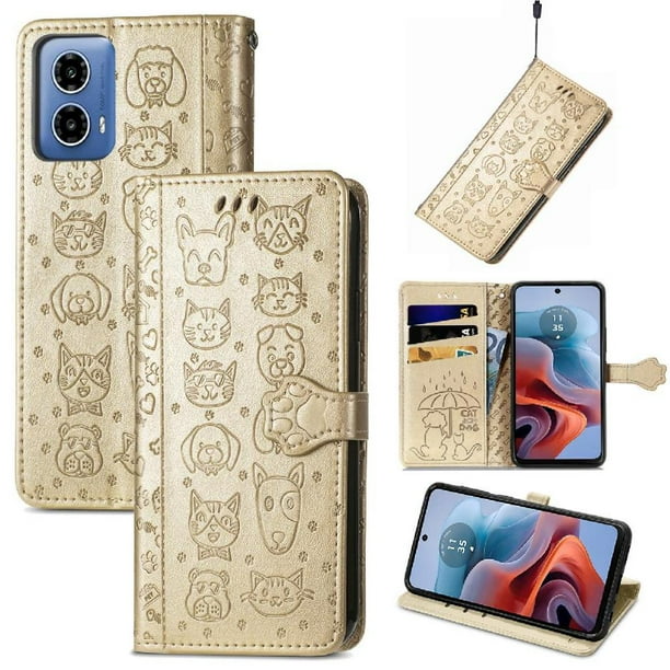 Funda Cartera FOXDOCK para Motorola Moto G34 , Flip PU con Relieve de Gatos y Perros, Tarjetero y Soporte