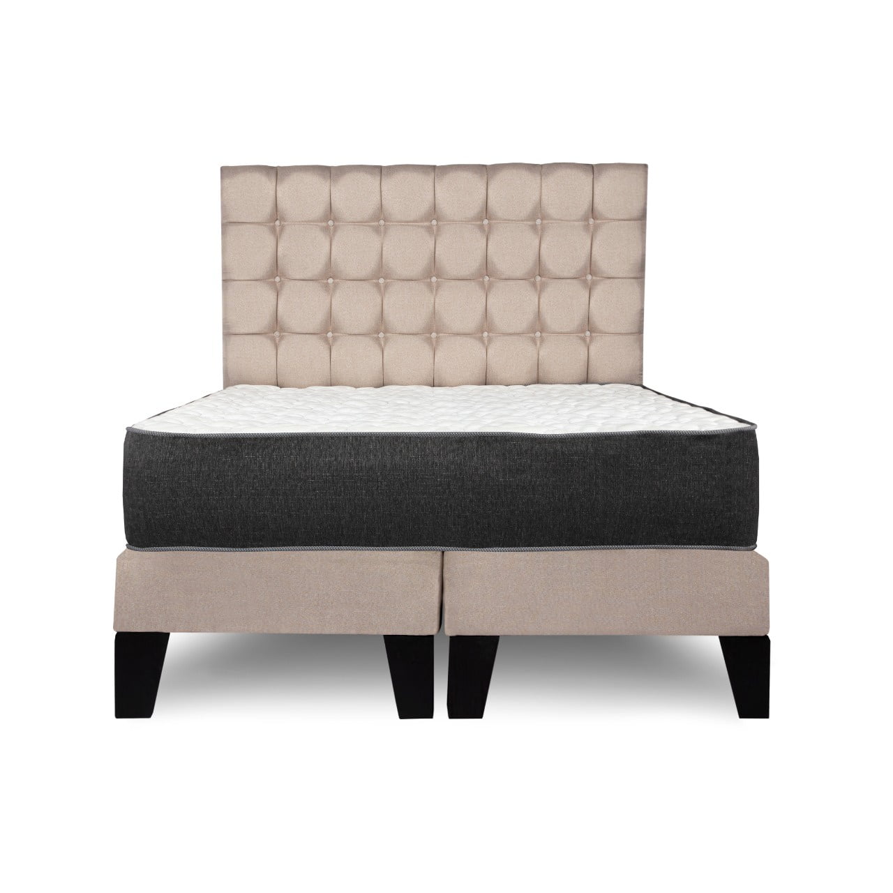 M Sole - Cama King Size Completa Base Americana + Colchón De Resortes + Respaldo Cuadros Beige