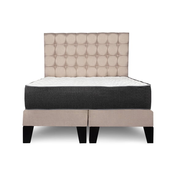 Cama 2 plazas completa Base americana + colchón de resortes + respaldo cuadros beige