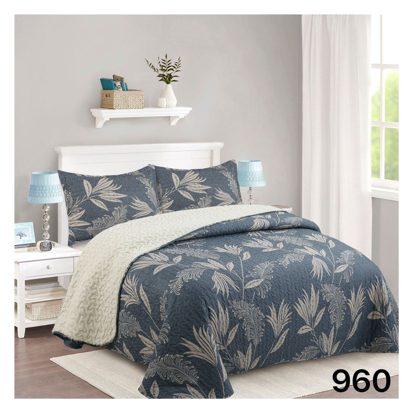 Genérico - Cubrecama Sherpa 2 Plazas - Azul Hojas M960