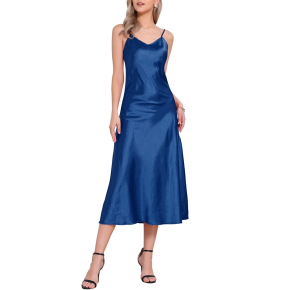 CURVOSPORT Vestido de Satén para Mujer con Tirantes Espagueti, Escote en V, Elegante Vestido Largo L Azul Real